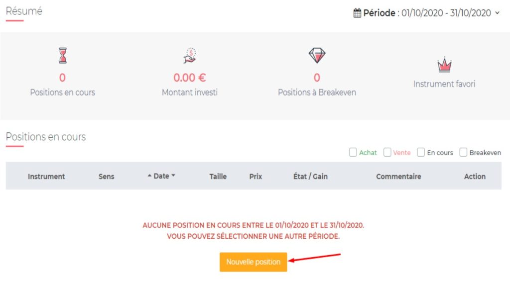 Positions en cours dans le journal de trading