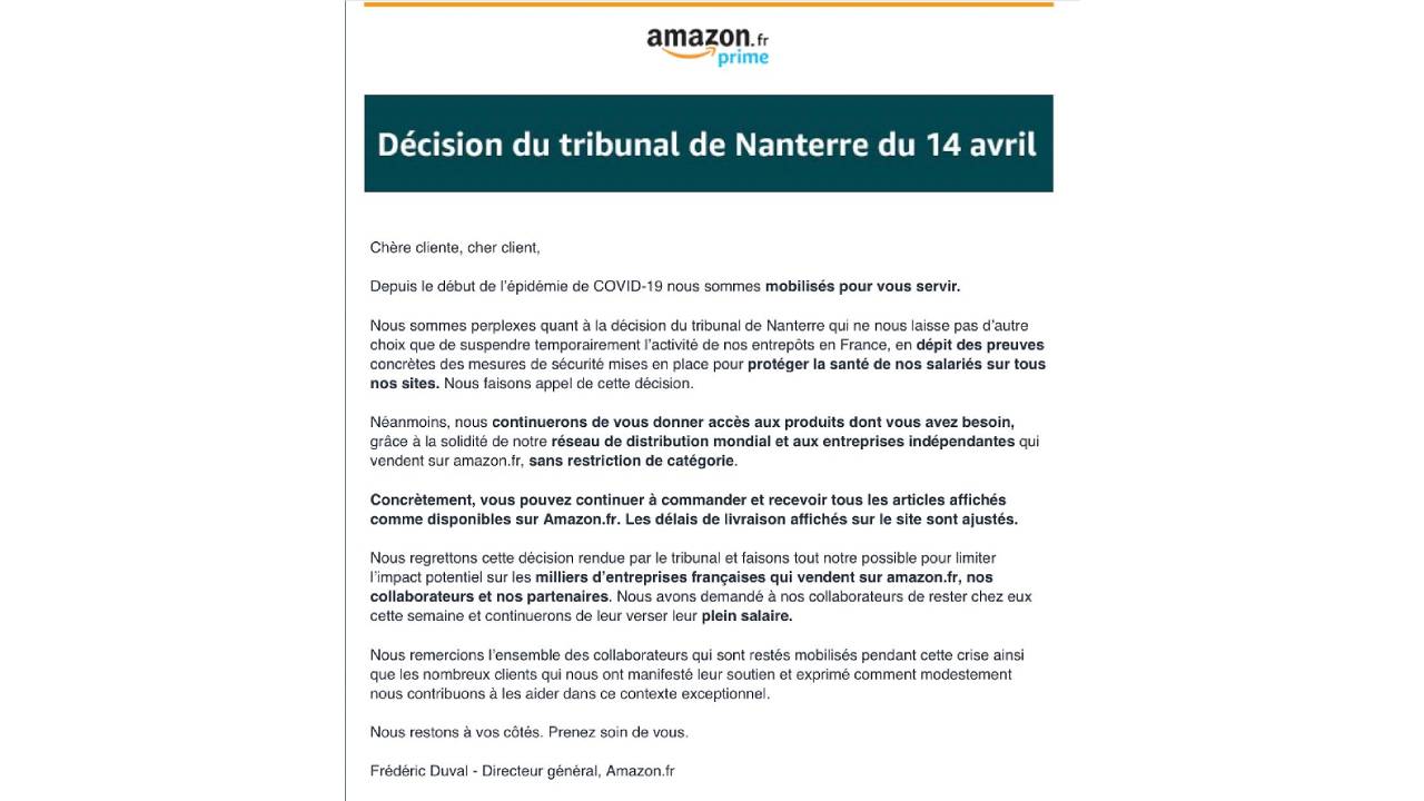 Communiqué de presse du groupe américain Amazon France commentant la décision du tribunal de Nanterre du 14 avril 2020