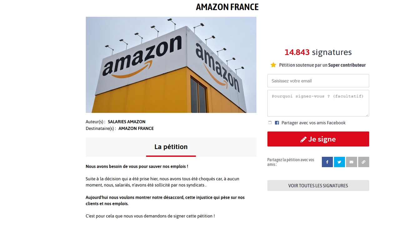 Pétition des salariés d'Amazon France lancée le 15 avril 2020 qui a recueilli 15 000 signatures