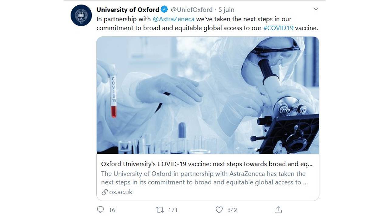 Tweet de l'université d'Oxford au sujet du vaccin anti-Covid 19