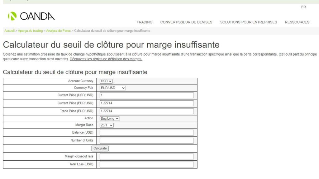 Calculateur appel de marge Oanda