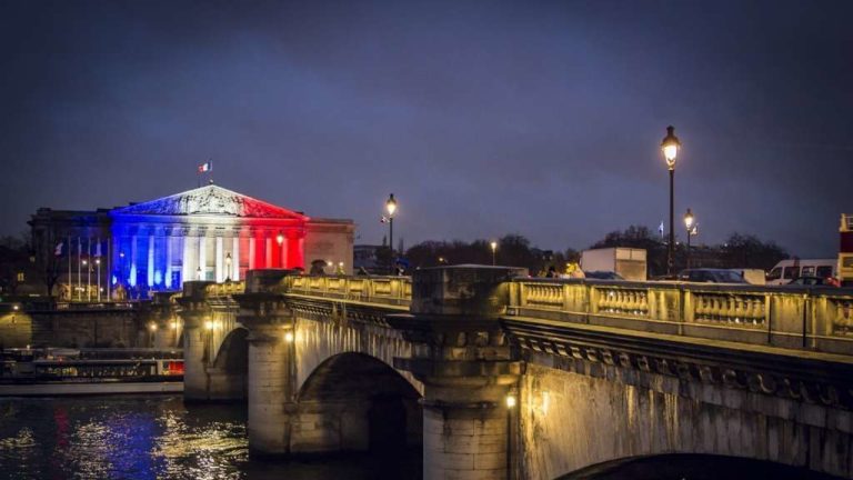 Vue panoramique du pont Alexandre III et de l'Assemblée Nationale parée d'un drapeau français