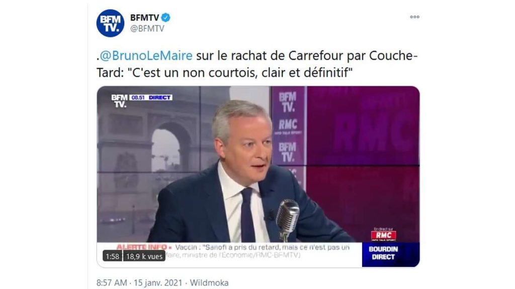 TWeet de Bruno Lemaire en date du 15 janvier 2021