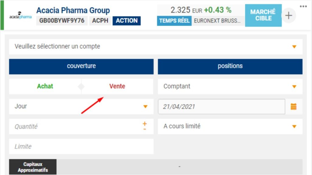 Exemple de ticket d'ordre avec la possibilité d'utiliser la vente à découvert sur Bourse Direct