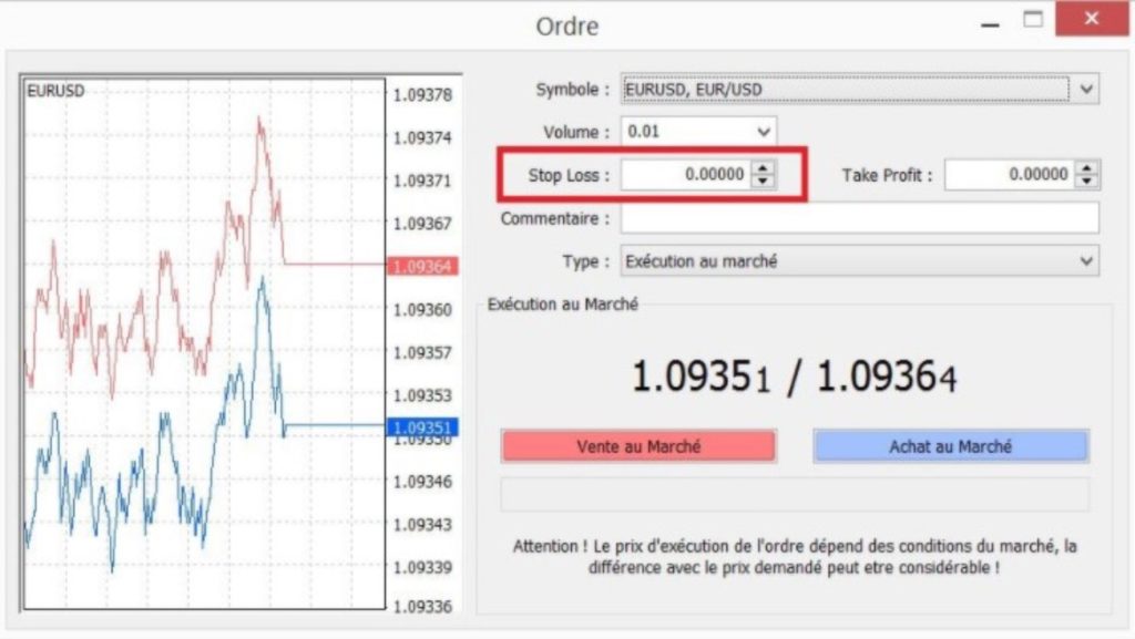 Exemple d'un ticket d'ordre sur Metatrader avec stop loss