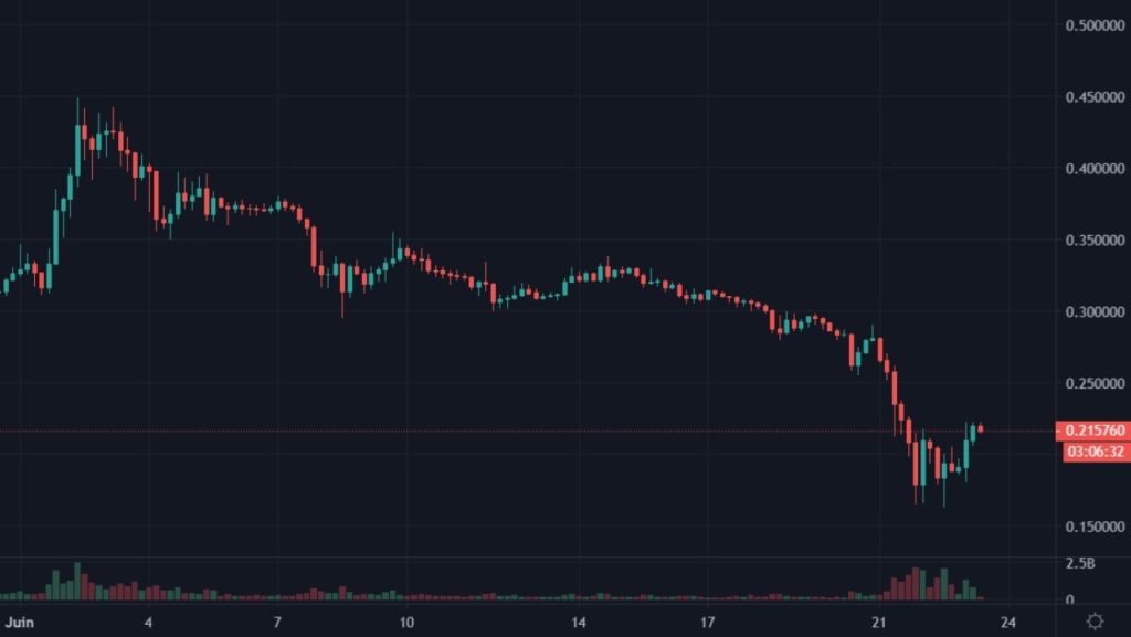 Cotation du Dogecoin en USDT du 01 juin au 22 juin 2021 UT 4h