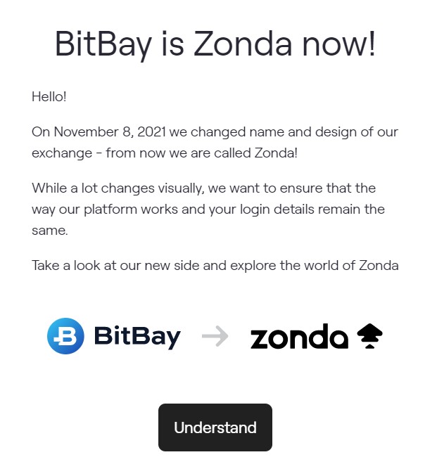 Message d'accueil sur le site indiquant le changement de nom de Bitbay vers Zonda