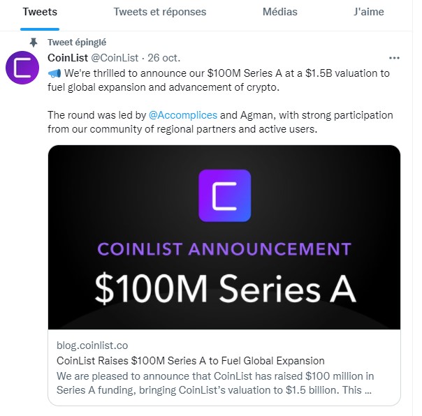 Tweet de CoinList indiquant sa levée de 100 millions de <a class=