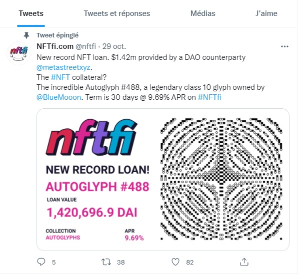 Tweet de NFTfi.com annonçant le record d'emprunt garanti par un NFT