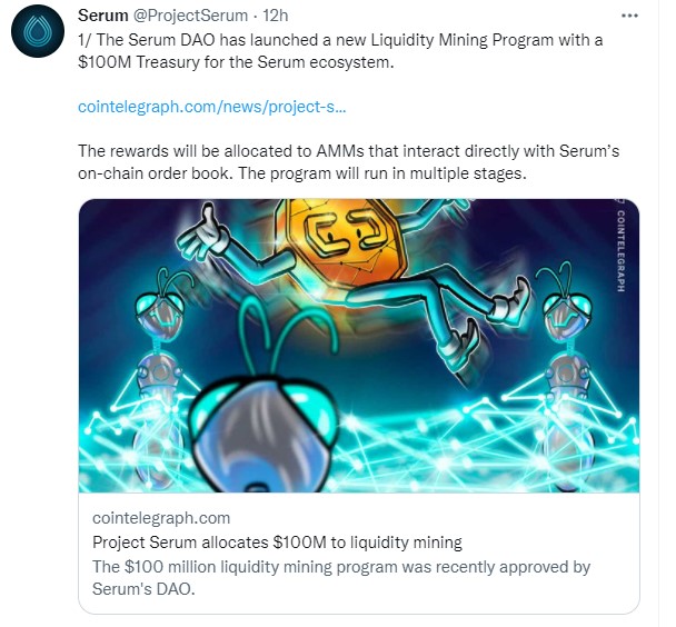 Tweet de Serum indiquant la création d'une cagnotte de 100 millions de dollars pour le réseau