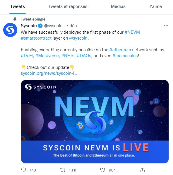 Tweet annonçant le lancement des smart contracts de Syscoin