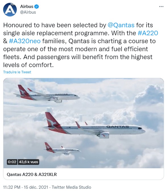 Tweet d'Airbus pour annoncer le choix de la compagnie Qantas