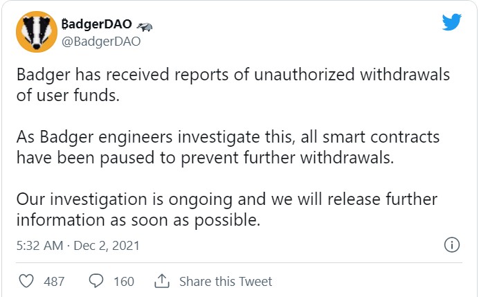 Tweet de Badger DAO indiquant qu'une enquête est en cours