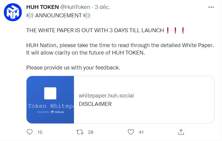 Tweet de HUH token annonçant la publication de son livre blanc