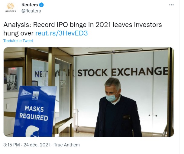 Tweet de Reuters présentant son rapport sur les IPO