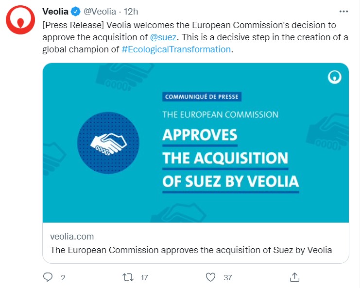 Tweet de Veolia indiquant l'accord de Bruxelles pour le rachat de Suez