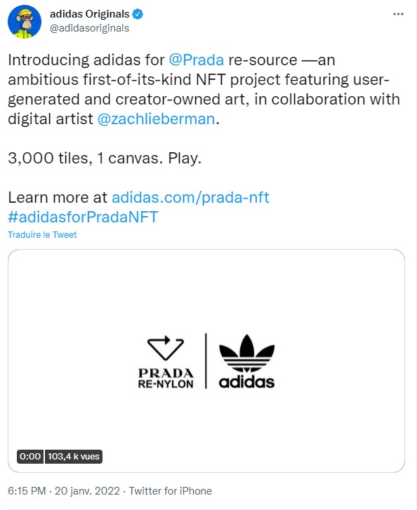 Tweet d'Adidas annonçant le projet NFT avec Prada