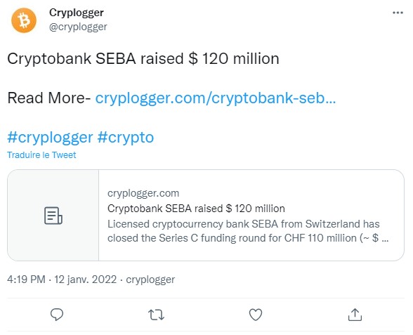 Tweet indiquant la levée de 120 millions de dollars de la crypto-banque SEBA