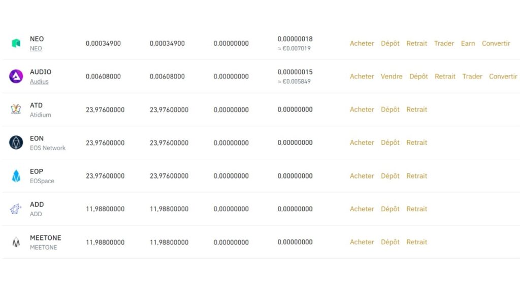 Exemple des portefeuilles personnels sur Binance