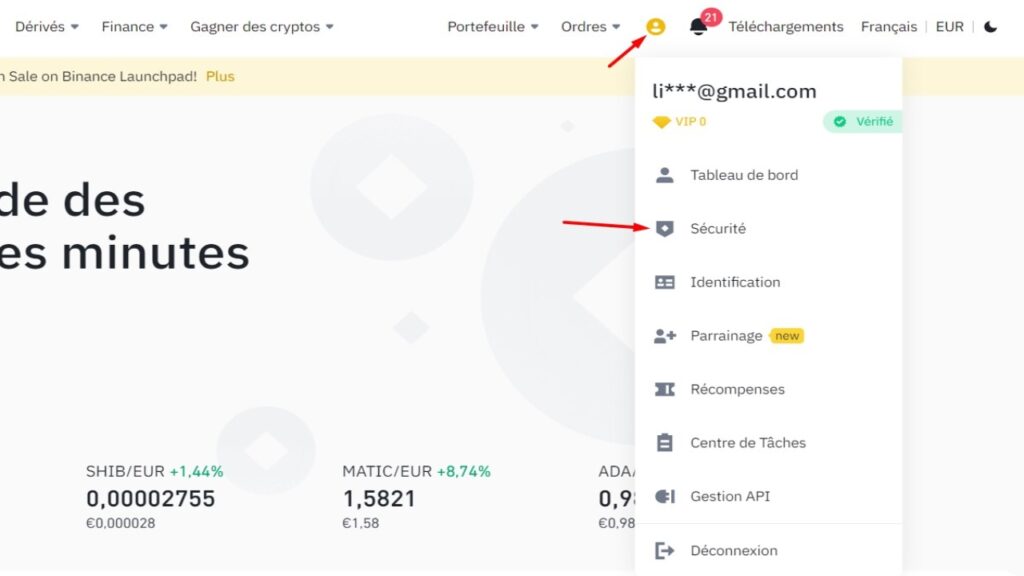 Gérer la sécurité et activer la double authentification sur Binance