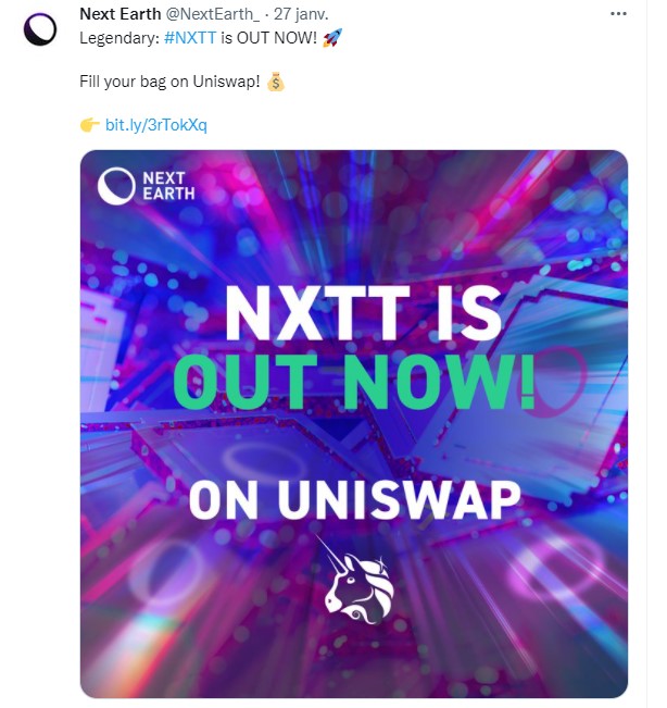 Tweet du projet NextEarth annonçant le lancement de son token NXTT