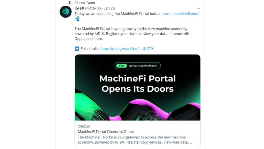 tweet de iotex sur lancement de MachineFi Portal Beta