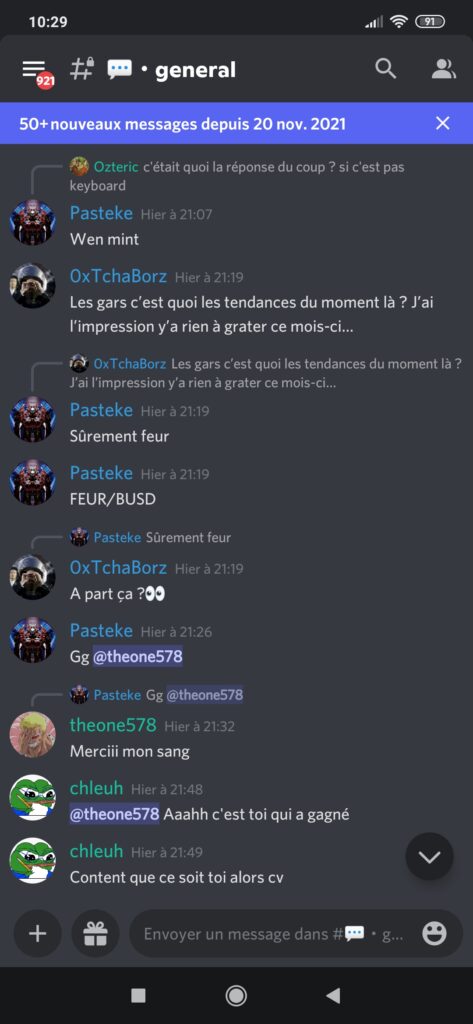 Exemple de discussions sur un groupe trading Discord