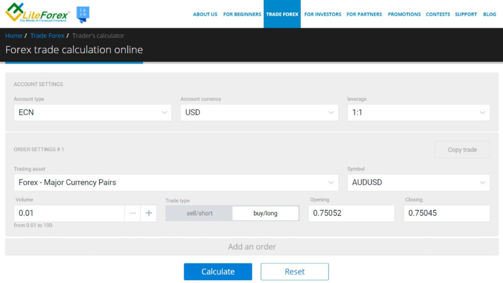 Exemple du calculateur Forex Liteforex