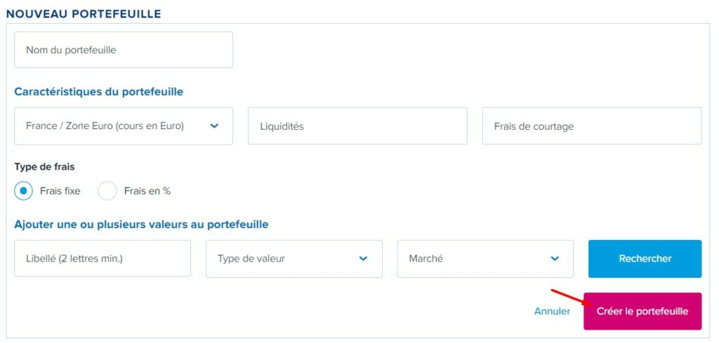 Données à rentrer pour créer le nouveau portefeuille