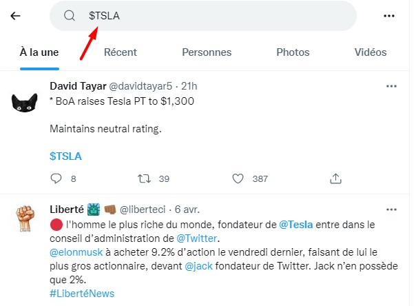 Exemple de recherche sur l'action Tesla sur Twitter