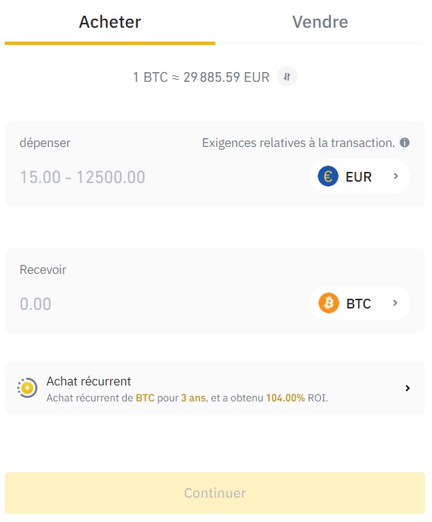 Page d'achat de bitcoin par carte sur Binance