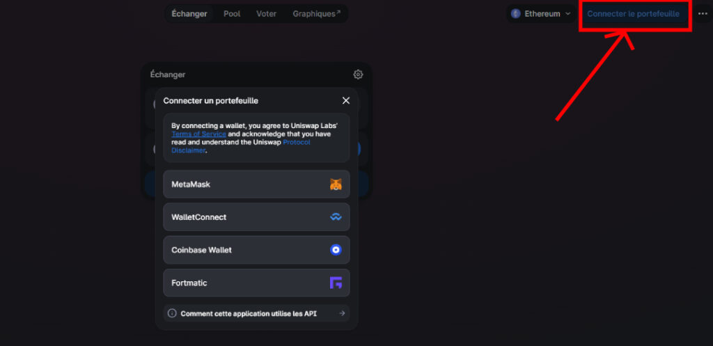 se connecter à la dapps uniswap