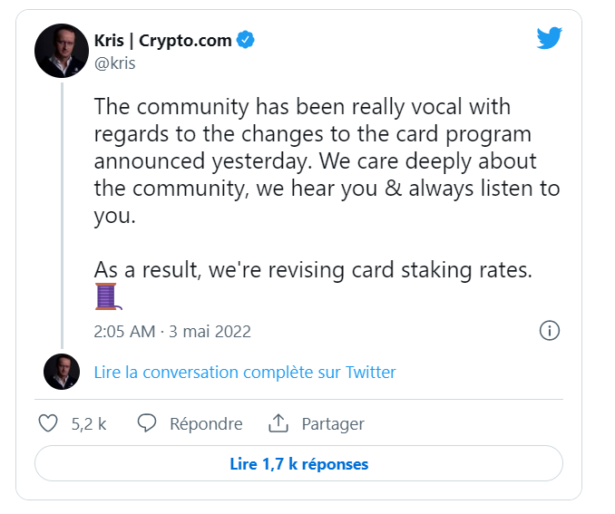 Twitt du PDG de Crypto.com