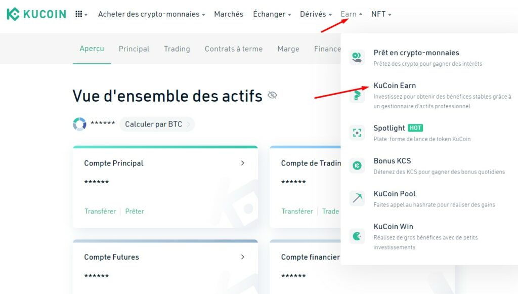 Accès à la page Staking de KuCoin