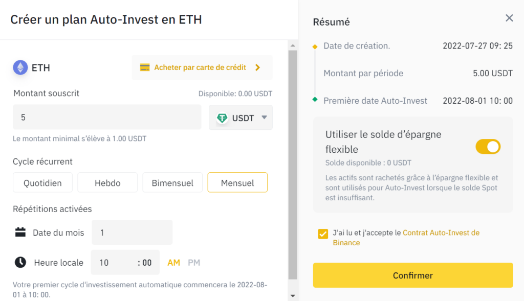 Créer plan Auto Invest Binance