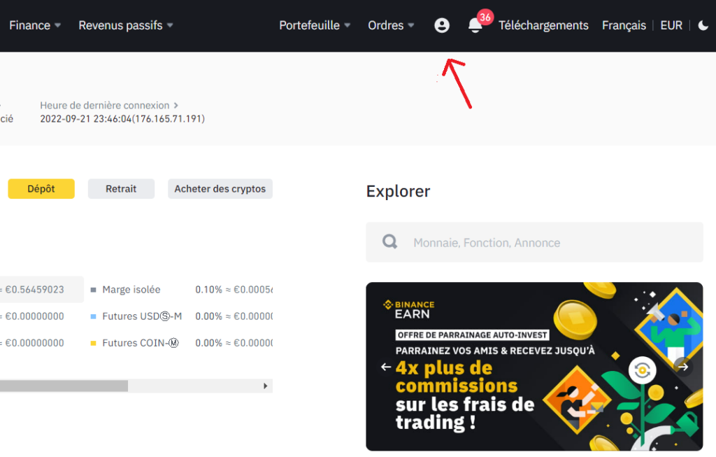 Icône du menu déroulant pour créer un sous-compte Binance