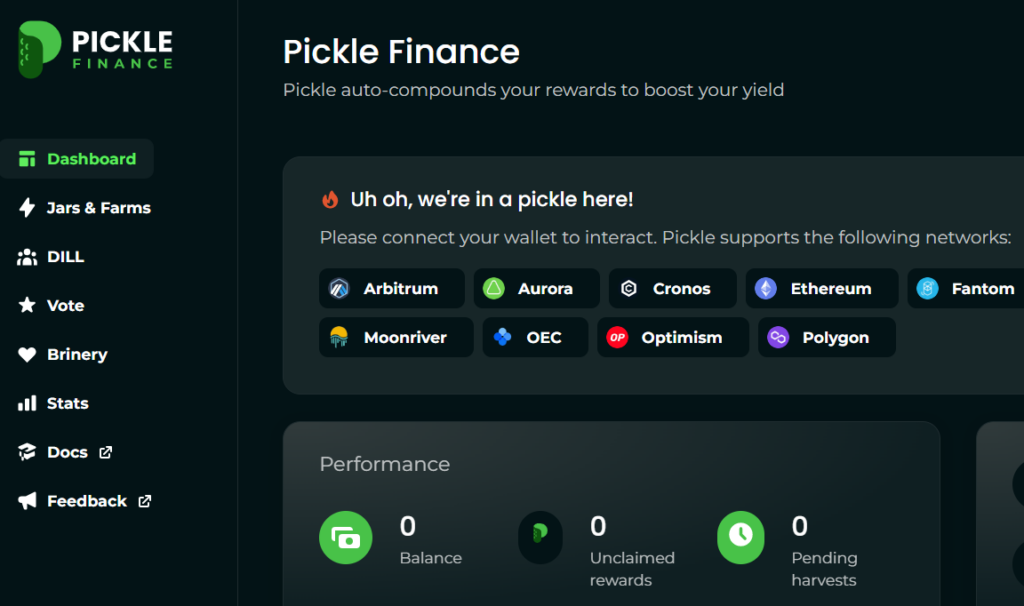 Page d'accueil et de sélection de Pickle Finance