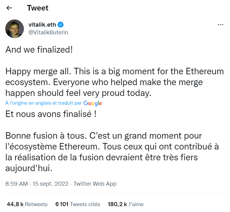 Tweet de Buterin annonçant la réussite de The Merge