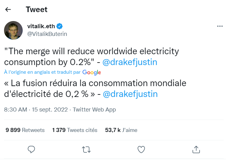 Tweet de Buterin expliquant la réduction de consommation d'énergie