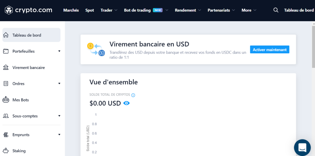 Tableau de bord Crypto.com après connexion