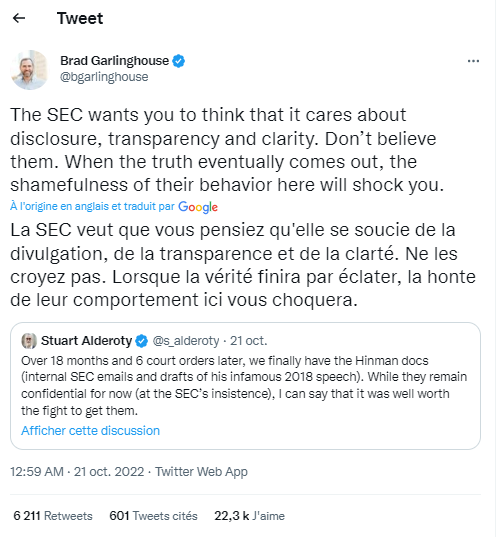 Tweet du PDG de Ripple sur la SEC