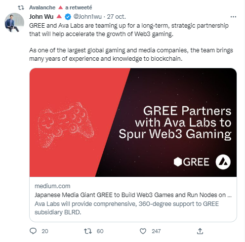 Tweet sur le partenariat entre Avalanche et Gree