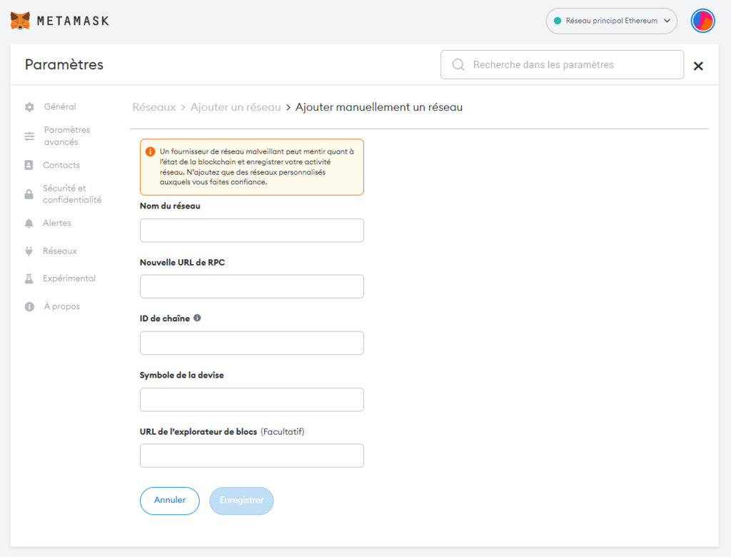 ajouter un réseau sur metamask
