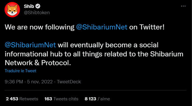 Tweet annonce Shibarium Network - shiba inu avis