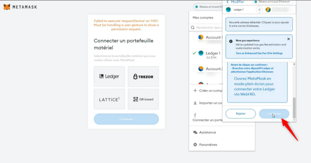 Validation de la connexion du Ledger au MetaMask