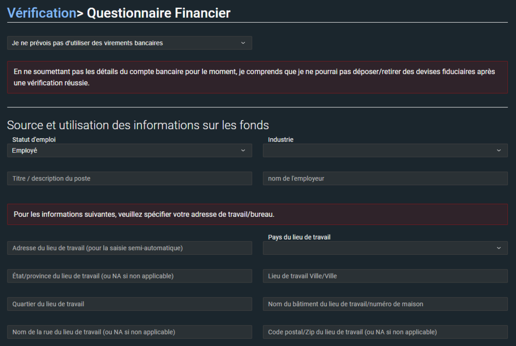 Questionnaire financier bitfinex