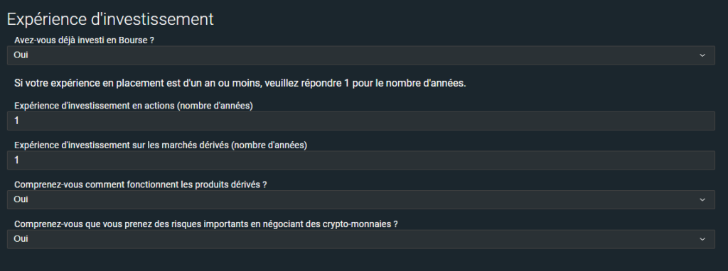 Questionnaire expérience bourse bitfinex