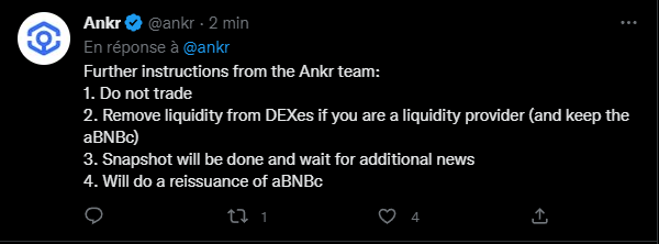 Tweet Ankr précaution sur le hack