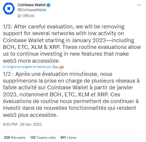 Tweet de Coinbase wallet sur la suppression de certains tokens