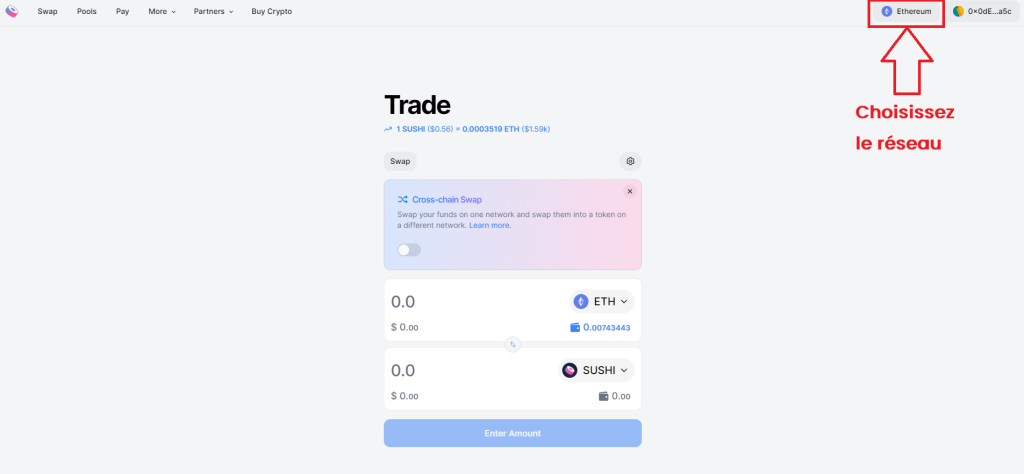 Choisir le réseau sur Sushiswap